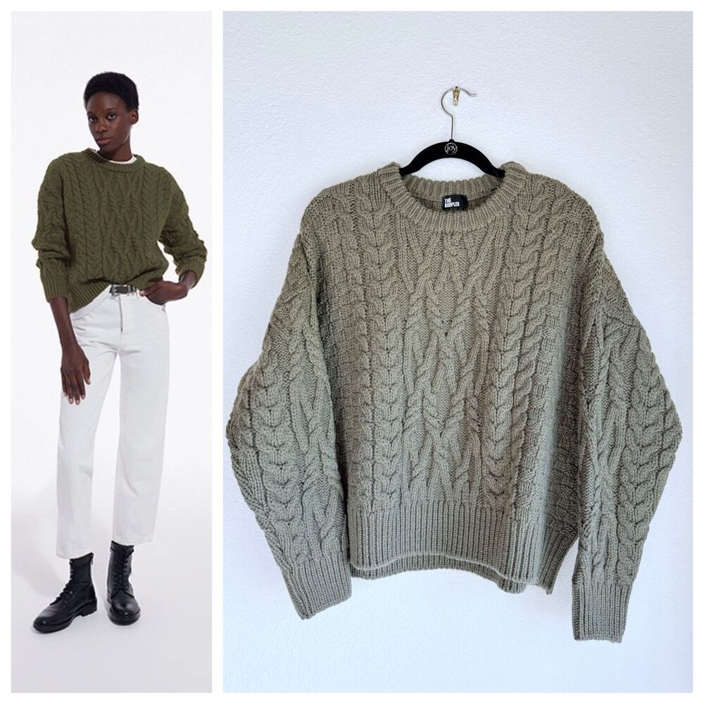 NEW The Kooples Crew Neck Cable Knit 100% Wool Sweater in Khaki Size 2 (US 6)